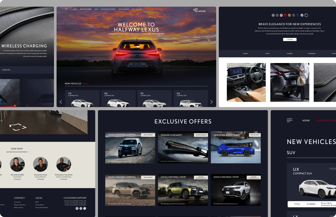 Collage of Lexus website screenshots featuring welcome message with a Lexus UX 300h at sunset, wireless charging info, new vehicle models including UX, NX, RX, GX, exclusive vehicle offers with images of Lexus LX 500 Diesel, upgraded safety feature, Lexus NX 450H+ PHEV, and Lexus LX 500 Diesel F-Sport. Also shows interior and exterior vehicle photos, team member profiles with contact info, and navigation menus for booking services and selling cars.