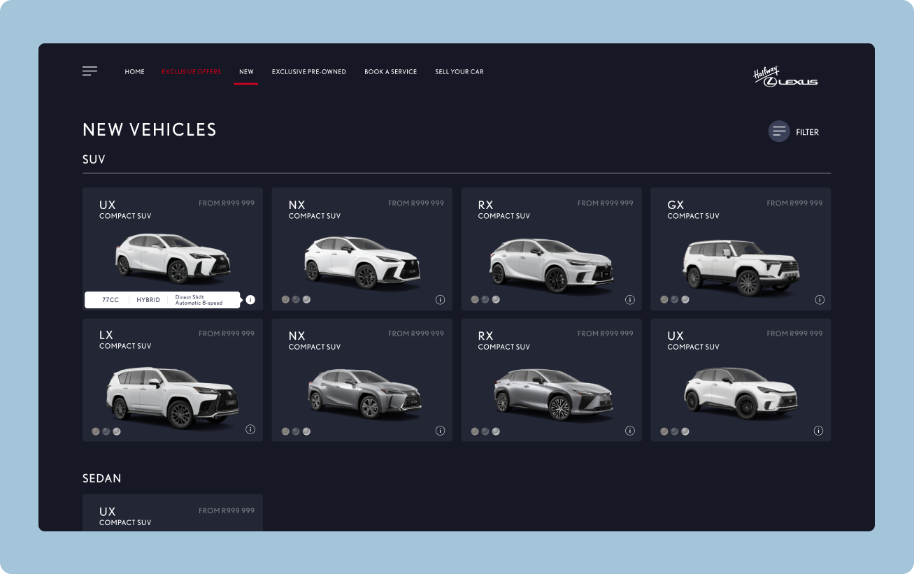 Car dealership website section displaying new Lexus vehicles categorized under SUV with models UX, NX, RX, GX, and LX in white and gray colors, showing compact SUVs with price starting from R999,999 and options like hybrid and automatic transmission for some models.