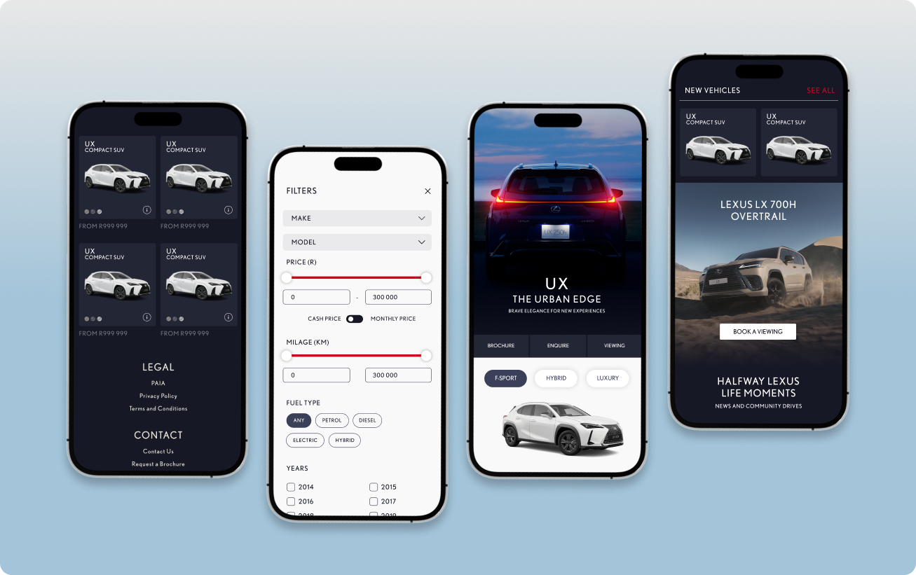 Four smartphone screens showing a car sales app: left screen displays four UX Compact SUV listings with prices; second screen shows filter options for make, model, price, mileage, fuel type, and years; third screen highlights a UX Urban Edge model with buttons for brochure, enquiry, viewing, and options for F-Sport, Hybrid, Luxury; right screen promotes Lexus LX 700h Overtrail with a car image, booking button, and community news.