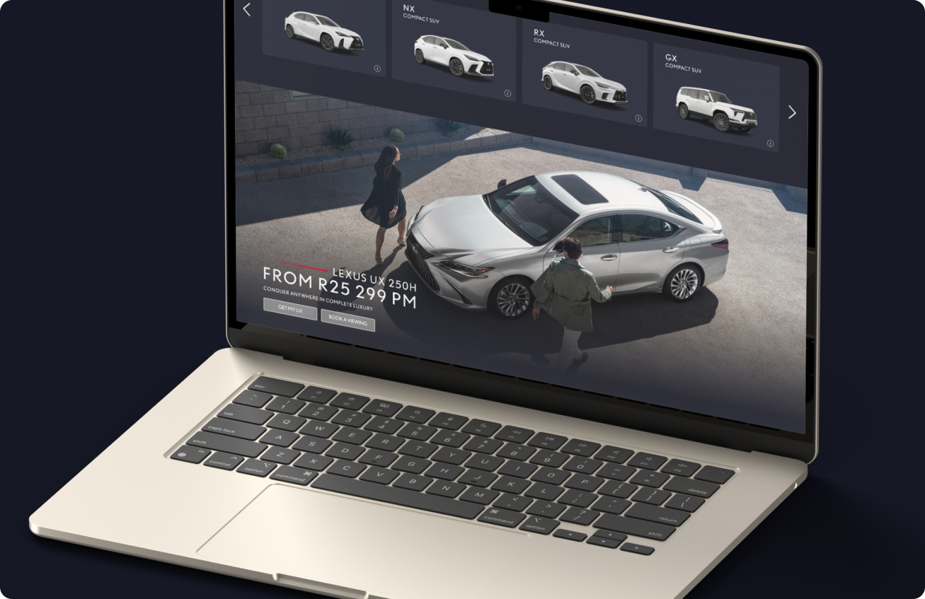 Laptop showing a car leasing website with a silver Lexus UX 250h parked outdoors and two people walking nearby, with prices and buttons to get the UX or book a viewing.