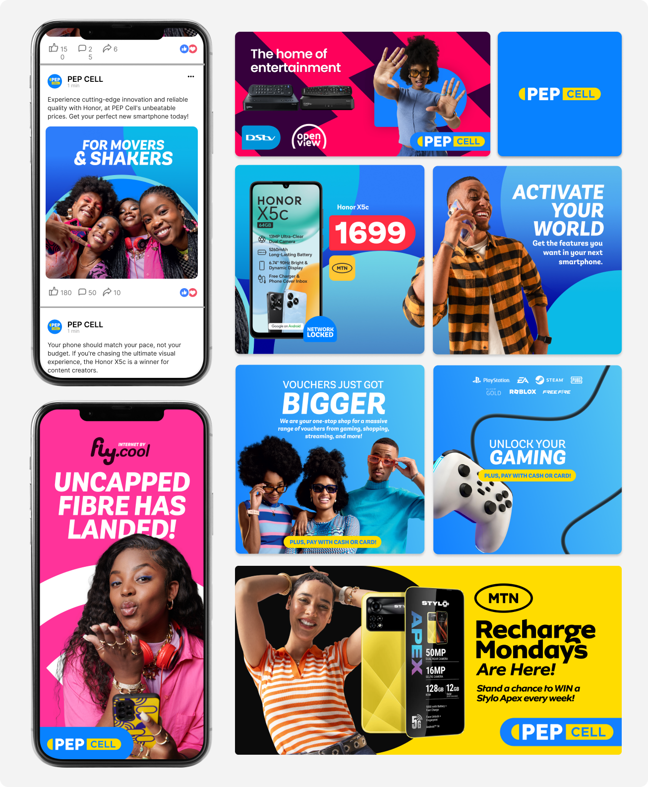 Promotional collage for PEP Cell featuring smartphones and services: left side shows two phones with people posing and text about innovation and uncapped fibre; right side includes offers like Honor X5c phone priced 1699 MTN, gaming vouchers, entertainment devices with DSTV and OpenView, and a Recharge Mondays contest for Stylo Apex phone. Bright, colorful design with diverse models smiling and engaging with devices.