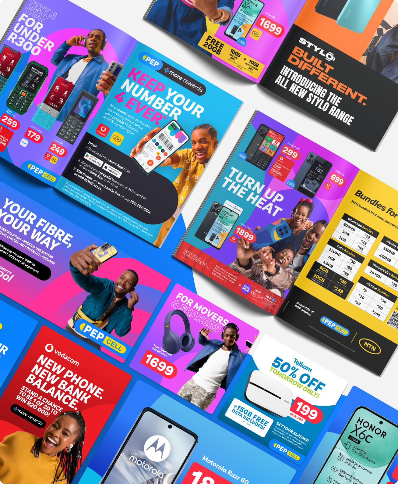 Promotional spread featuring tech and mobile phone deals including PEP Cell rewards, Stylo phone range, data bundles, phone models like Motorola Razr 60 and Honor X5C, and accessories such as Bluetooth headphones, all with prices and savings highlighted on colorful backgrounds.