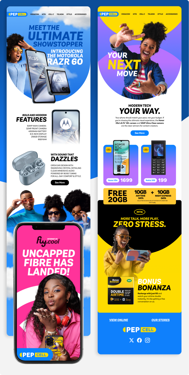 A two-panel advertisement for PEP Cell featuring mobile phones and promotions. The left panel highlights the Motorola Razr 60 foldable phone with bold features like a 50MP main camera and 8GB RAM, and showcases earbuds with Swarovski crystal detailing. Below, a smartphone screen says fly.cool uncapped fibre has landed with a woman blowing a kiss. The right panel promotes the Honor X5c and Nokia 105 phones with prices, offers free 20GB data (10GB anytime plus 10GB night express), and an MTN bonus bonanza for double airtime with recharge. Various happy people feature throughout.