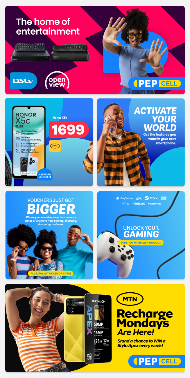 Collage of ads featuring entertainment and mobile deals from PEP Cell with MTN. Top image shows two DStv decoders, text 'The home of entertainment,' and a woman waving. Middle left shows Honor X5c phone with specs and price 1699 MTN network locked. Middle right shows a man using a smartphone with text 'Activate Your World.' Bottom left features three people with text 'Vouchers just got bigger' for gaming, shopping, streaming. Bottom right shows a gaming controller and text 'Unlock your gaming plus pay with cash or card.' Bottom banner advertises MTN Recharge Mondays with Stylo Apex phone specs and chance to win one weekly, with PEP Cell logo.
