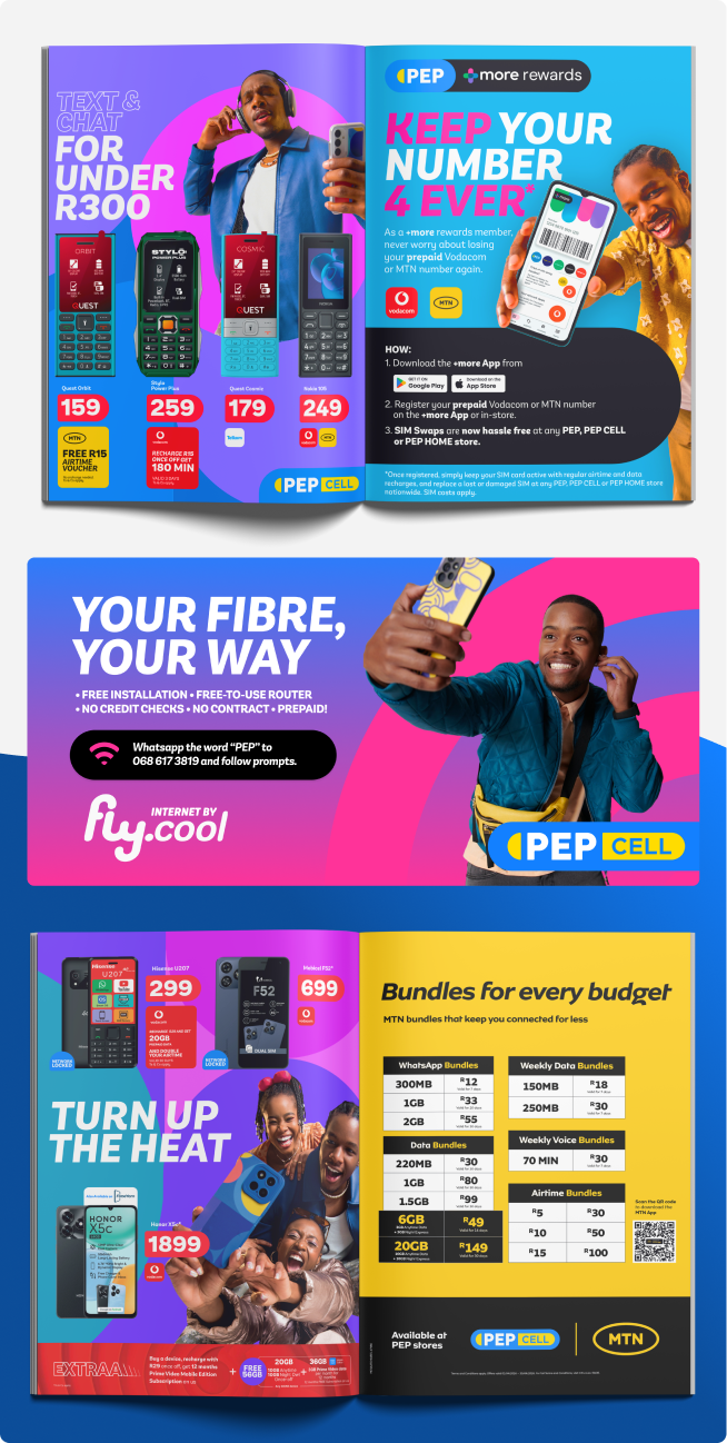Four mobile phones with prices under R300: Quest Orbit R159, Stylo Power Plus R259, Quest Cosmic R179, Nokia 105 R249, with prepaid offer information and airtime vouchers. Instructions for +more rewards members to keep their Vodacom or MTN prepaid number forever by downloading the +more app, registering their number, and using free SIM swaps at PEP stores. Advertisement for PEP Cell. In a middle section, a man takes a selfie next to text promoting fibre internet by fly.cool with free installation, router, no credit checks, no contract, prepaid, and WhatsApp details. At bottom, three smartphones shown with prices and data bundles from MTN under "Turn Up The Heat" slogan, listing WhatsApp, data, voice, weekly data, and airtime bundles available at PEP stores with MTN branding.