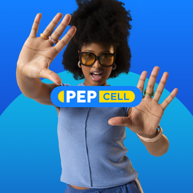 Young woman with curly hair wearing large sunglasses and a blue sleeveless top holds her hands toward the camera against a blue background with a graphic text overlay reading "PEP CELL."