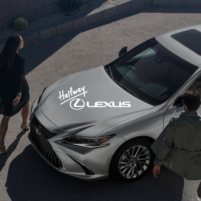 Overhead view of a silver Lexus car parked on a gravel driveway near a stone wall with a cactus and plants, two people walking around it.