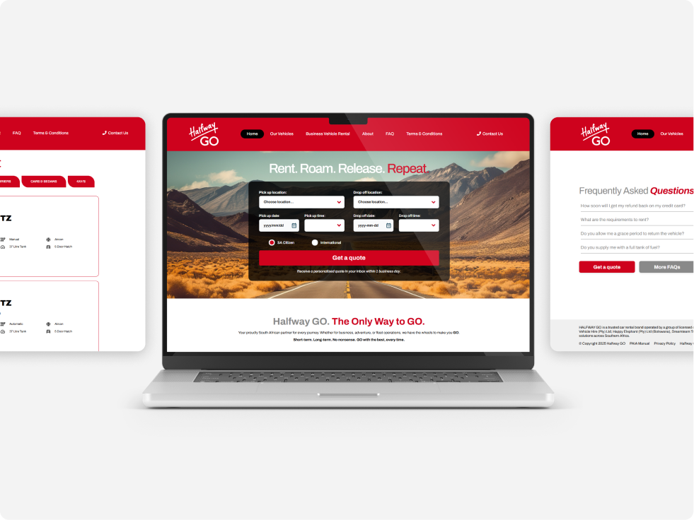 Laptop screen displaying Halfway GO car rental website homepage with rental form over a road leading into mountains, flanked by website sections showing vehicle details and FAQs on either side.