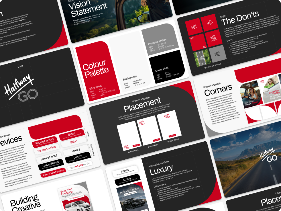 A multi-page brand style guide for Halfway GO, showing logo variations, color palette with Vorant Red, Striking White, Professional Grey, Luxury Black, logo placement options, shape language focusing on corners, imagery examples, and usage dos and don'ts. It includes sections on devices and alternative versions labeled Luxury, with vehicle rental categories like People Carriers and Safari, and pricing from R3 000 per day.