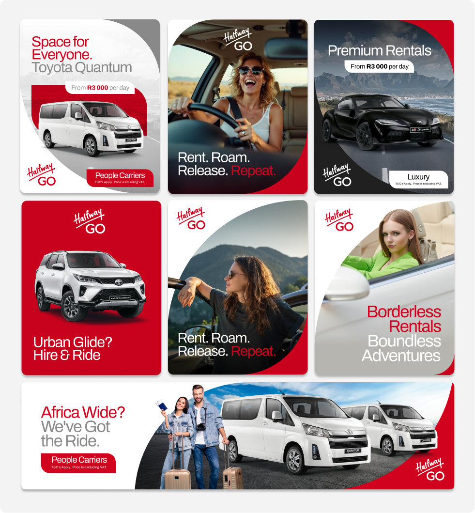 A six-part promotional collage for Halfway GO car rentals featuring Toyota vehicles and happy renters. Top left shows a white Toyota Quantum van with text 'Space for Everyone. Toyota Quantum. From R3 000 per day. People Carriers.' Top middle shows a smiling woman driving with text 'Rent. Roam. Release. Repeat.' Top right shows a black sports car on a road with mountains in the background with text 'Premium Rentals from R3 000 per day. Luxury.' Bottom left shows a white Toyota Fortuner with text 'Urban Glide? Hire & Ride.' Bottom middle shows a woman enjoying a scenic mountain view from a vehicle with text 'Rent. Roam. Release. Repeat.' Bottom right shows a woman in a car with text 'Borderless Rentals Boundless Adventures.' The bottom banner shows a happy couple with luggage and two Toyota Quantum vans with text 'Africa Wide? We've Got the Ride. People Carriers.' Halfway GO logo appears on each section.