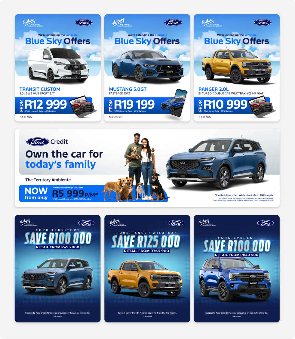 Ford advertisement showcasing Blue Sky Offers including Transit Custom van at R12,999, Mustang 5.0GT fastback at R19,199, and Ranger 2.0L wildtrak at R10,999 with financing terms. Ford Credit promotes owning the Territory Ambiente SUV for R5,999 per month with a family and dogs pictured. Savings offers include Ford Territory with R100,000 off from R495,000, Ford Ranger Wildtrak with R125,000 off from R769,900, and Ford Everest with R100,000 off from R849,900, all subject to credit approval.