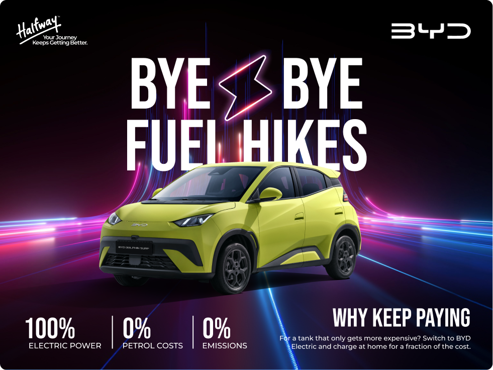 Bright green BYD Dolphin Surf electric car on a futuristic neon-lit road background with the text 'Bye Bye Fuel Hikes' and '100% Electric Power, 0% Petrol Costs, 0% Emissions' promoting BYD electric vehicles' cost savings and environmental benefits.