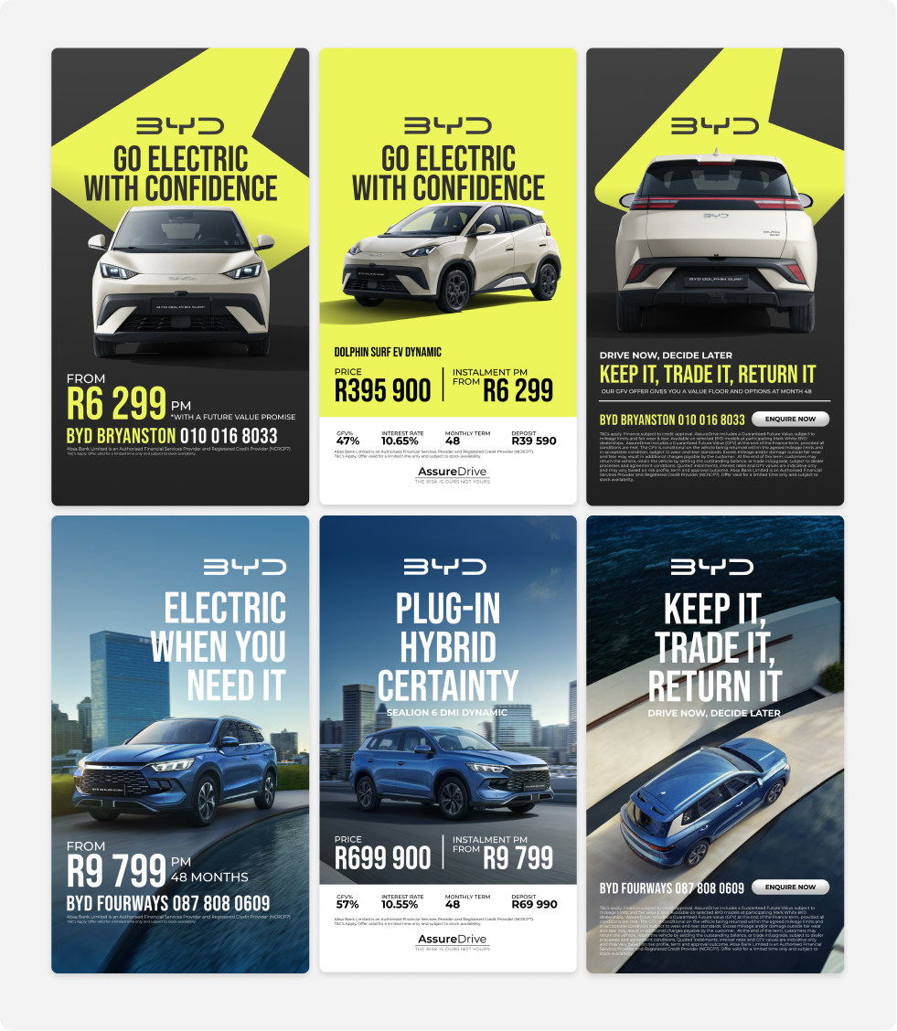 Six BYD car advertisements featuring electric and plug-in hybrid models. Top row shows BYD Dolphin Surf EV in front, side, and rear views with offers starting from R6,299 per month. Bottom row advertises BYD Fourways electric and plug-in hybrid Sealion 6 DMI Dynamic models with prices from R9,799 and R699,900, highlighting features like electric drive, plug-in hybrid certainty, and trade-in options. Contact numbers and AssureDrive financing details appear at the bottom of each ad.
