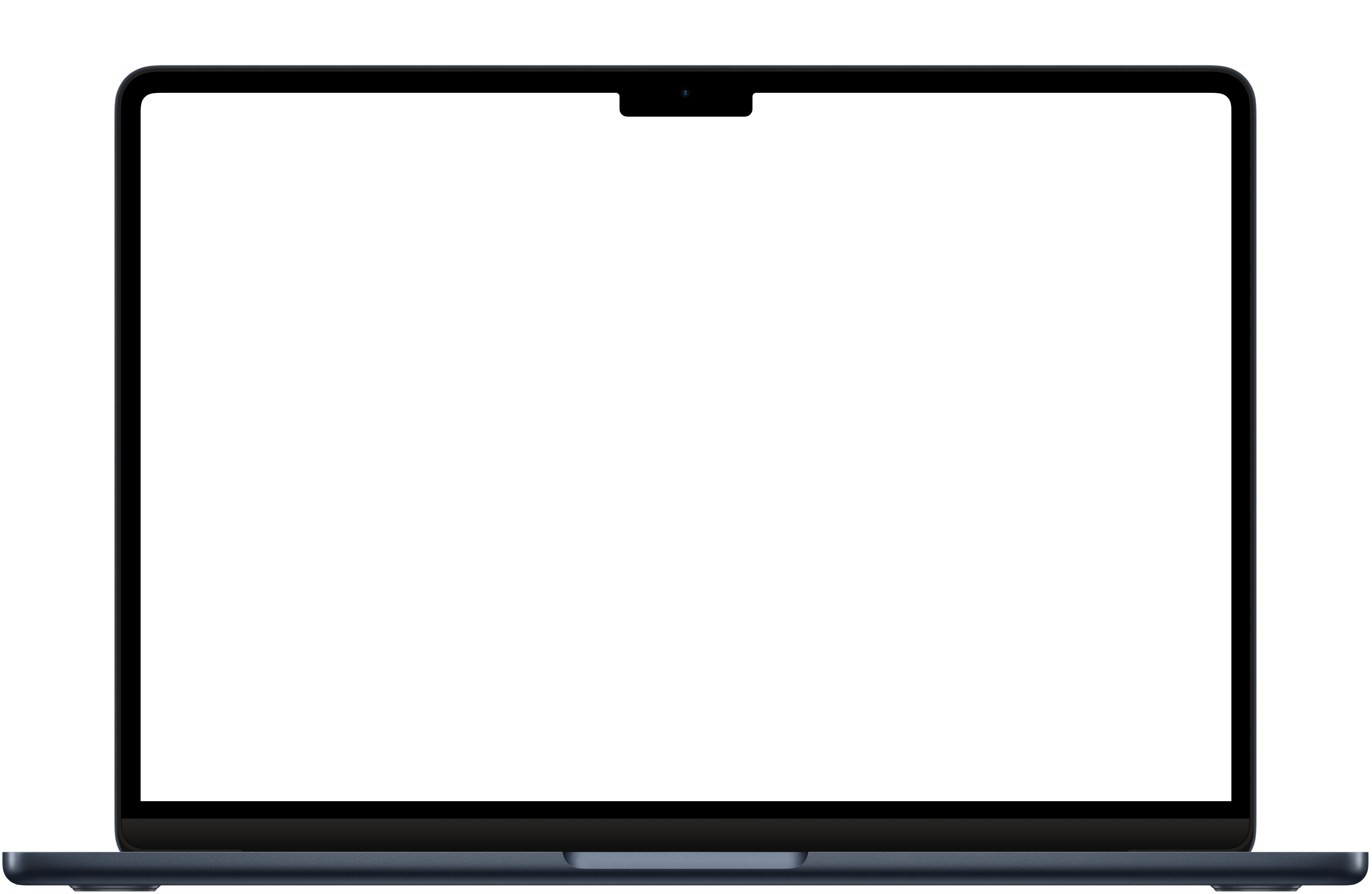 Front view of a closed space gray Apple MacBook Air laptop with a black screen and webcam centered above the display.
