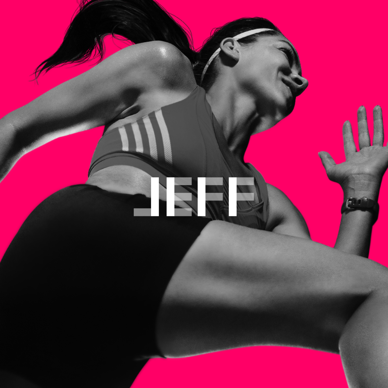 Low-angle black and white photo of a female athlete in a running pose against a bright pink background, wearing a sports bra and shorts with a headband, the text 'JEFF' overlays the image.