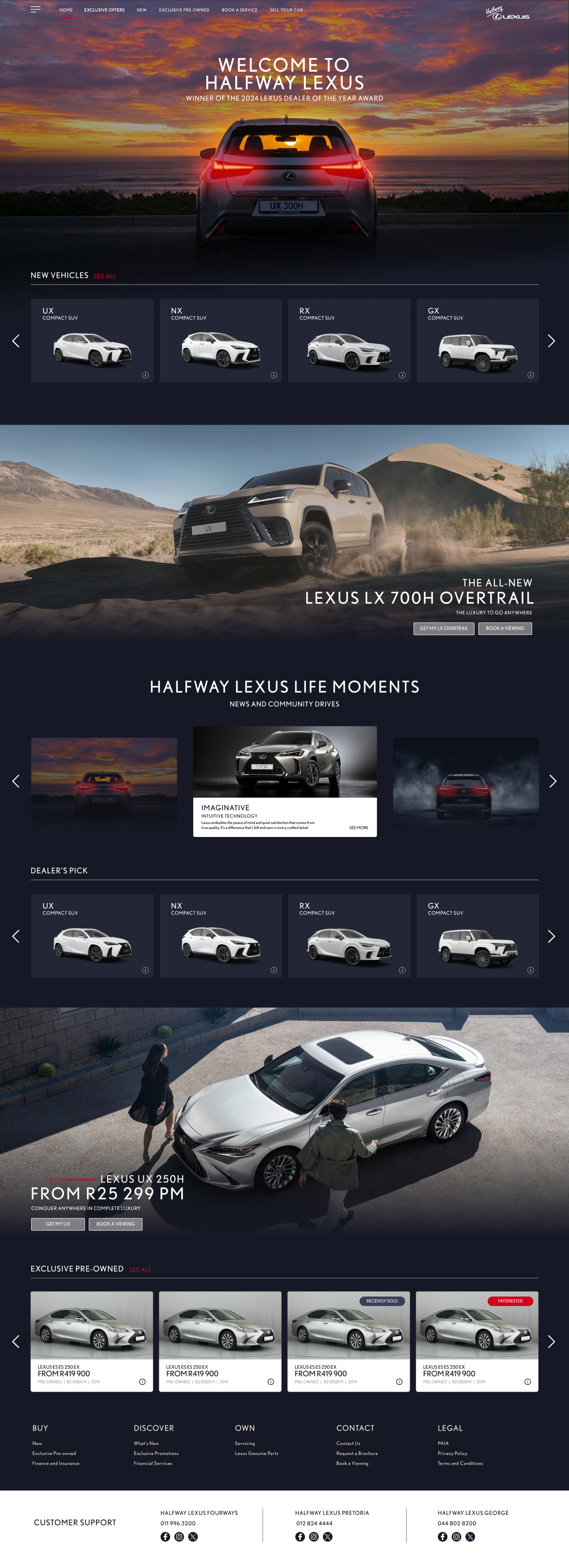 Lexus website homepage featuring a sunset background with a rear view of a Lexus UX 300h SUV, navigation menu at top, and sections showcasing new vehicles including UX, NX, RX, GX compact SUVs, the all-new Lexus LX 700h driving in sand dunes, life moments with Lexus UX and RX models, dealer's pick of compact SUVs, Lexus UX 250h sedan with two people walking nearby, and exclusive pre-owned Lexus ES 250 EX cars with pricing and options to book or view.