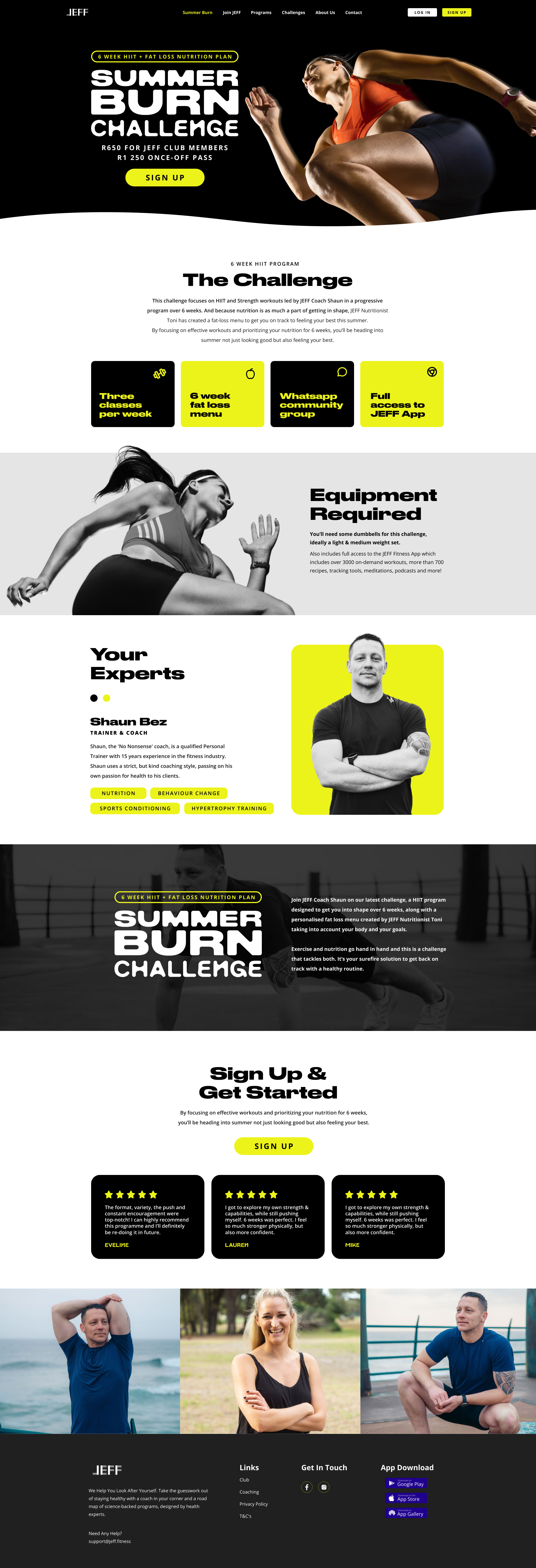 JEFF Summer Burn Challenge 6-week HIIT and fat loss nutrition plan advertisement featuring a woman in athletic wear mid-exercise, program details including three classes per week, 6-week fat loss menu, Whatsapp community group, full access to JEFF app, equipment requirements, trainer Shaun Bez with description, testimonials, and sign-up call-to-action.