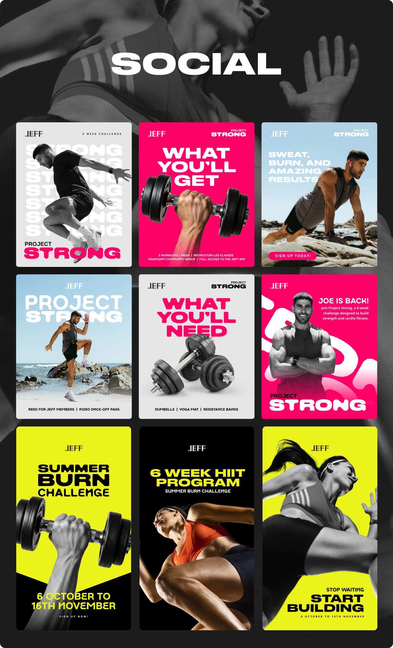 Collage of nine fitness-themed social media posts for Jeff Project Strong and Summer Burn Challenge, showing people exercising, dumbbells, and bold workout-related text highlighting challenges, programs, sign-ups, and workout benefits.