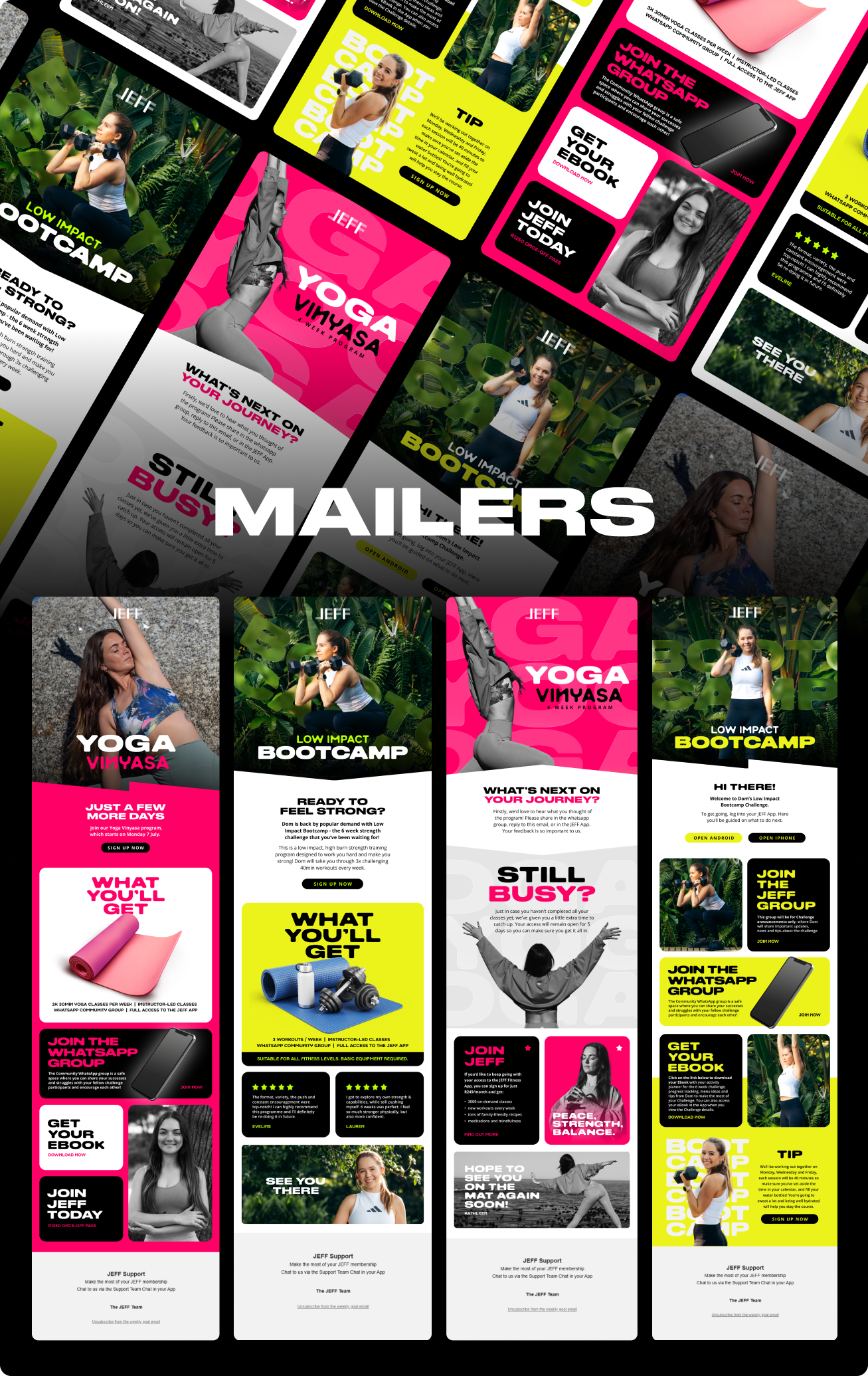 Three vertical mailer designs promoting fitness programs by JEFF: a pink-themed Yoga Vinyasa program with yoga mat image and WhatsApp group invitation; a yellow-green-themed Low Impact Bootcamp with workout equipment, program details, and user testimonials; a pink and gray-themed Yoga Vinyasa journey update highlighting program feedback and a woman in a yoga pose; and a yellow-green-themed Low Impact Bootcamp with sign-up callouts, WhatsApp group invitation, ebook download, and a workout tip. The background features blurred, repeated images from the mailers and the word MAIlERS in bold white letters in the center.