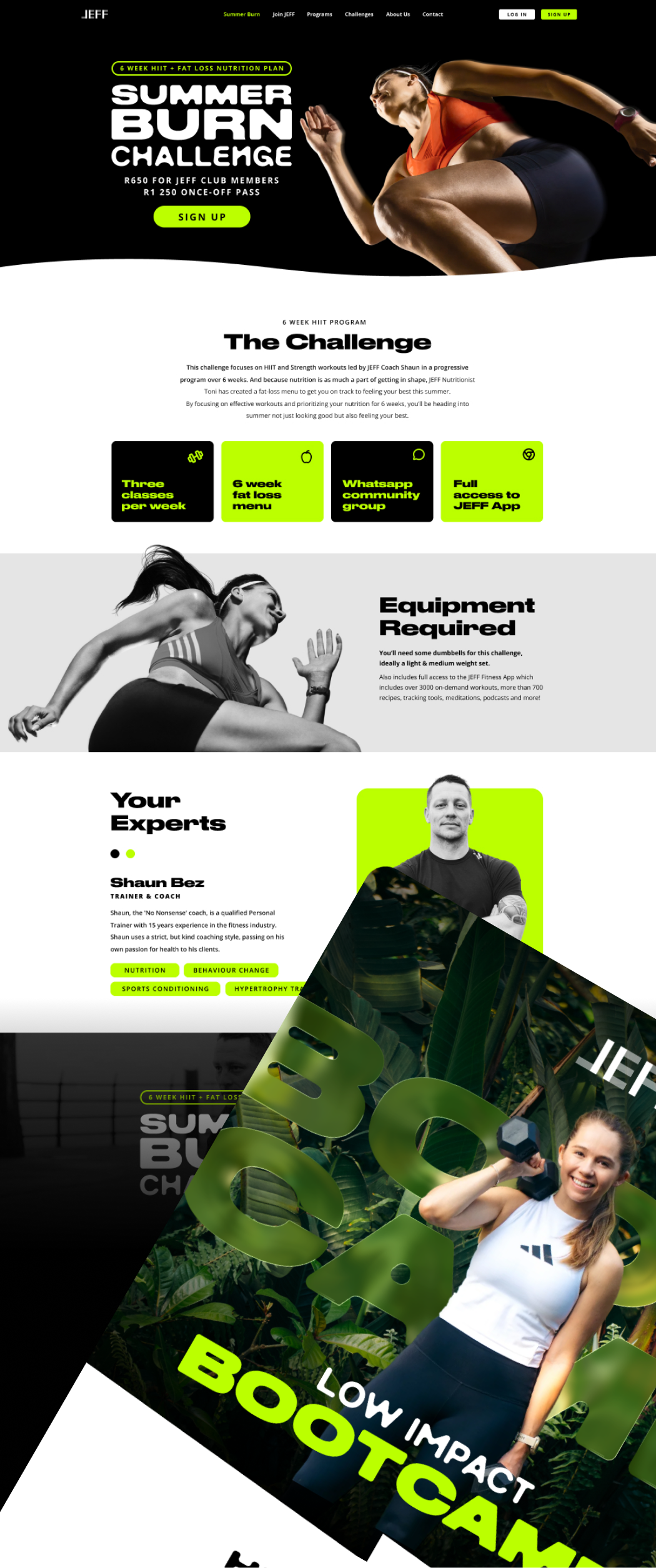 Webpage for JEFF's Summer Burn Challenge showing a woman in athletic wear in a running pose on a black background, details about the 6-week HIIT and fat loss nutrition program, benefits including three weekly classes, a fat loss menu, WhatsApp support, and app access, equipment requirements like dumbbells, and an expert coach's photo and bio. A partially visible overlapped image promotes a low-impact bootcamp with a smiling woman holding dumbbells amid green foliage.