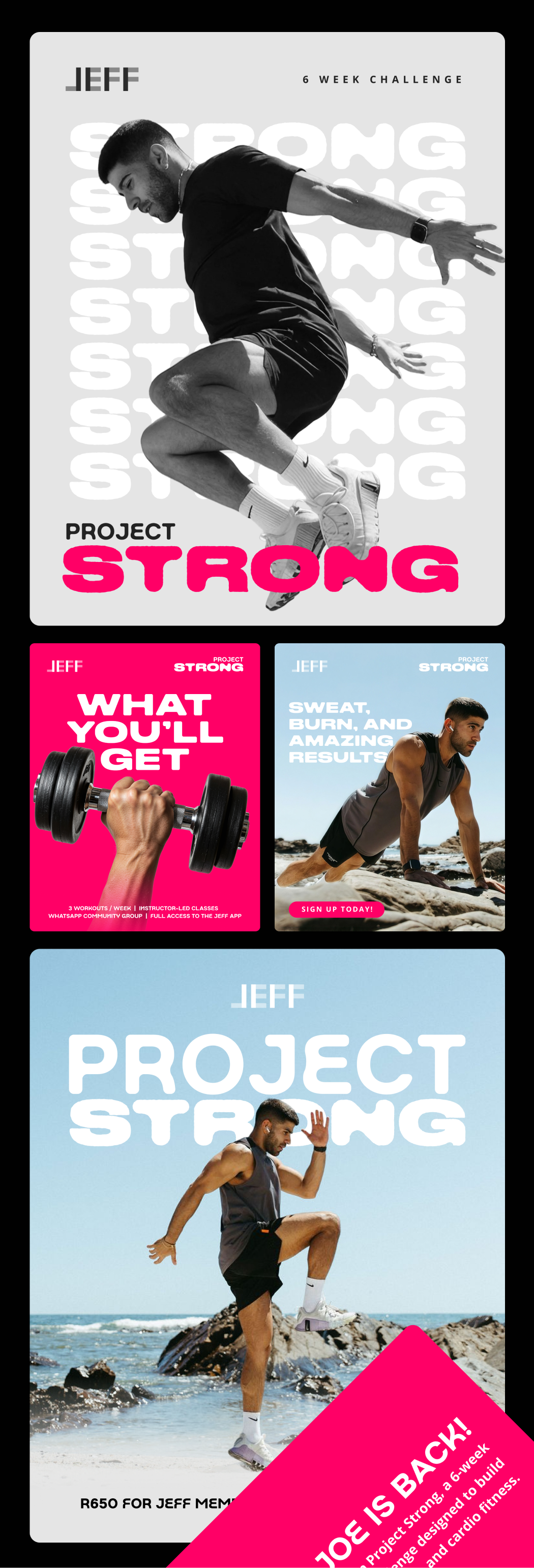 Collage of promotional images for Jeff's 6-week 'Project Strong' fitness challenge featuring a man exercising on a beach and lifting a weight, with text highlights of the program benefits and subscription cost.
