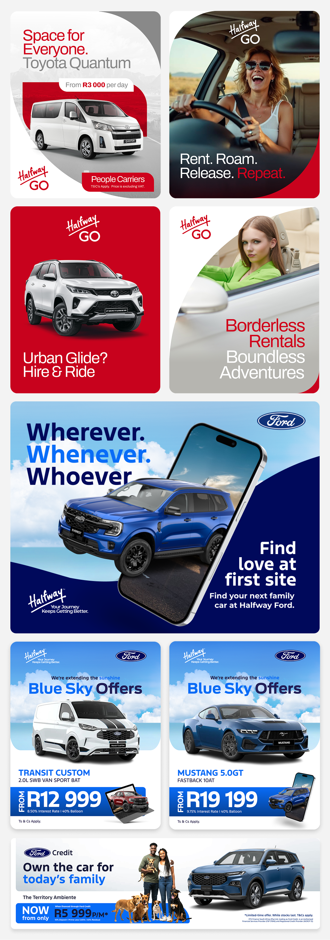 Collage of vehicle advertisements: Top left is a Toyota Quantum people carrier with the text 'Space for Everyone. Toyota Quantum from R3 000 per day' and Halfway Go logo. Top right shows a woman smiling while driving with the text 'Rent. Roam. Release. Repeat.' and Halfway Go logo. Middle left, a white Toyota Fortuner with 'Urban Glide? Hire & Ride' and Halfway Go logo. Middle right, a woman in green inside a car with 'Borderless Rentals Boundless Adventures' and Halfway Go logo. Below, a blue Ford Everest coming out of a smartphone screen with the text 'Wherever. Whenever. Whoever. Find love at first site. Find your next family car at Halfway Ford' and Ford and Halfway logos. Bottom left, Ford Transit Custom van with 'Blue Sky Offers from R12 999' and financial details. Bottom right, blue Ford Mustang 5.0 GT with 'Blue Sky Offers from R19 199' and financial details. Bottom wide banner shows Ford Territory Ambiante with a family, dogs, and payment offer 'Now from only R5 999 P/M'.
