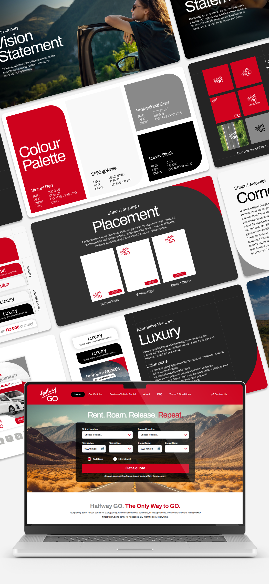 Laptop displaying the Halfway GO website homepage overlaid on a background of branding guidelines including vision statement, colour palette with vibrant red, white, grey, and black colors, logo usage, shape language, and luxury vehicle rental details.