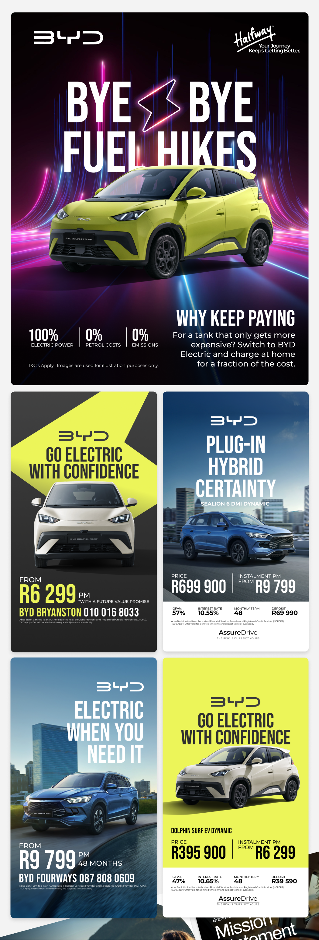 BYD electric vehicle advertisements featuring four models: a green BYD Dolphin Surf, a white BYD Dolphin Surf EV Dynamic, and two blue BYD SUVs. The ads promote electric power with phrases like 'Bye Bye Fuel Hikes,' 'Go Electric with Confidence,' and 'Electric When You Need It.' Prices and financing details are included, such as monthly installments and deposits. The ads highlight benefits like 100% electric power, 0% petrol costs, and 0% emissions, along with financing terms and BYD's AssureDrive program.