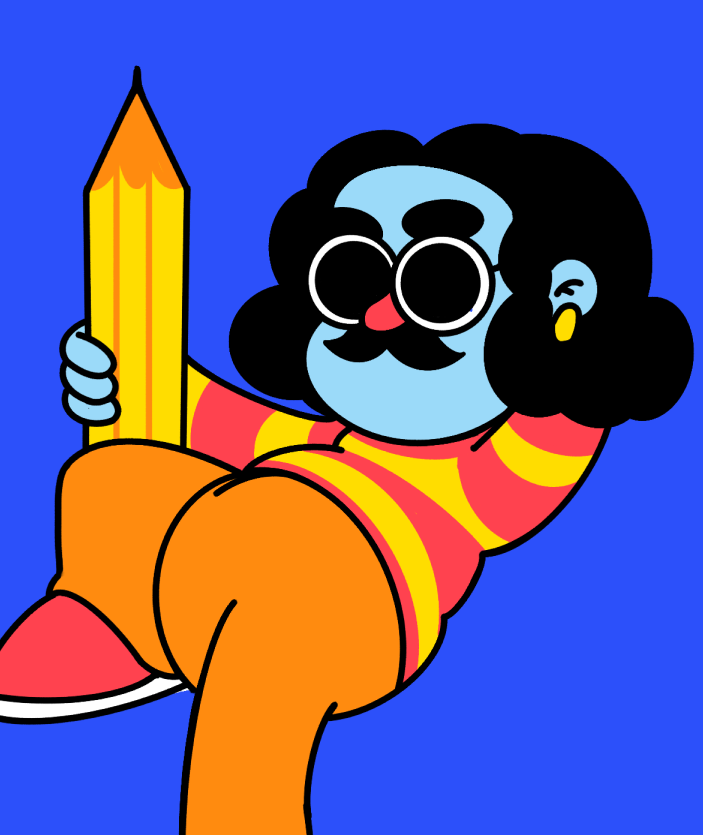 Cartoon character with blue skin, thick black curly hair, and large round glasses holding a giant yellow pencil, wearing a red and yellow striped shirt, orange pants, and red shoes against a bright blue background.