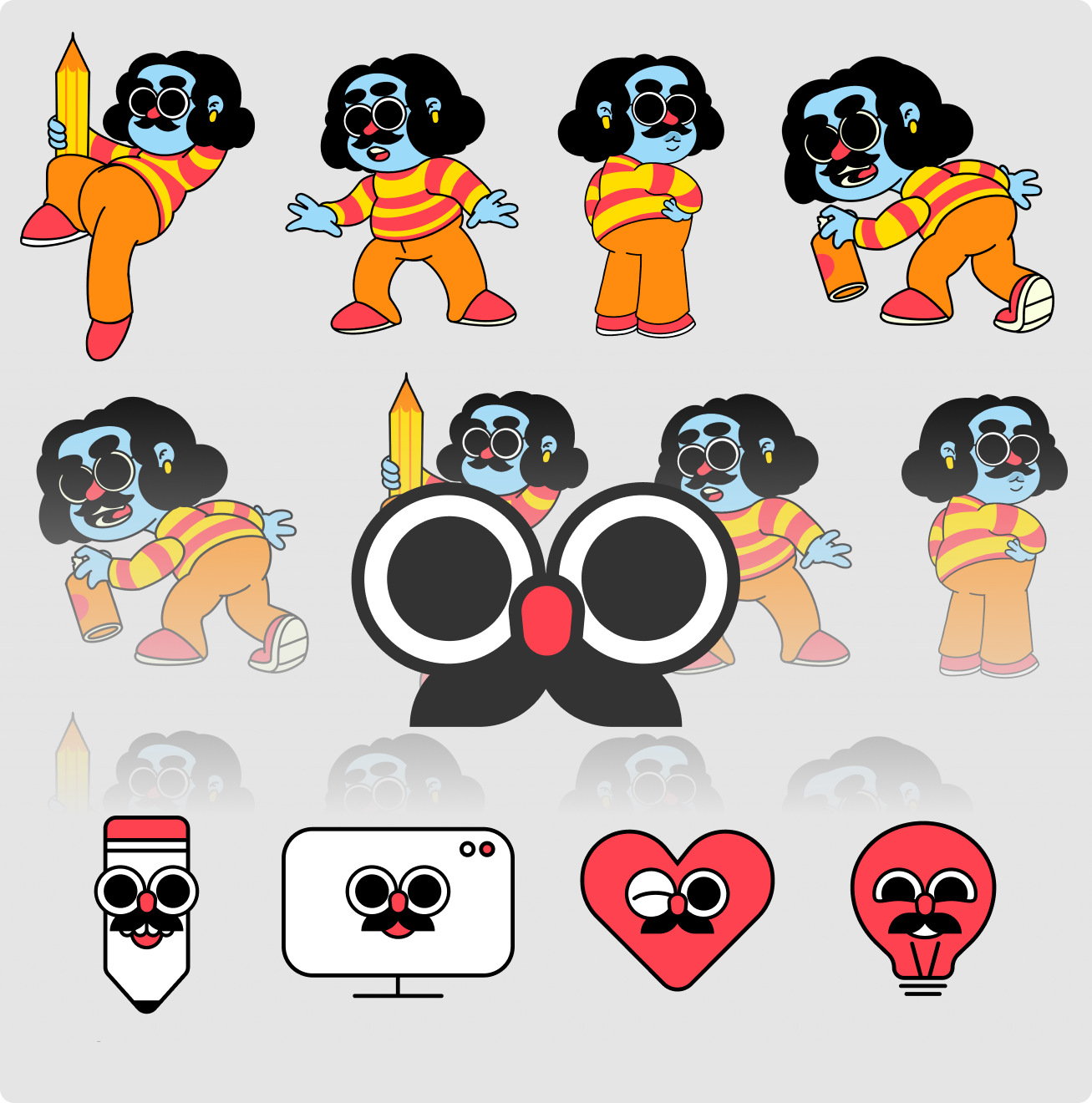 Cartoon character with blue skin, black hair, sunglasses, mustache, yellow earrings, red and yellow striped shirt, orange pants, and red shoes in four poses holding a big pencil, dancing, posing with hands on hips, and bending with a spray can; reflected below with faded duplicates and four icons beneath: a pencil with glasses and mustache, a computer screen with glasses and mustache, a heart with winking face and mustache, and a smiling lightbulb with mustache.