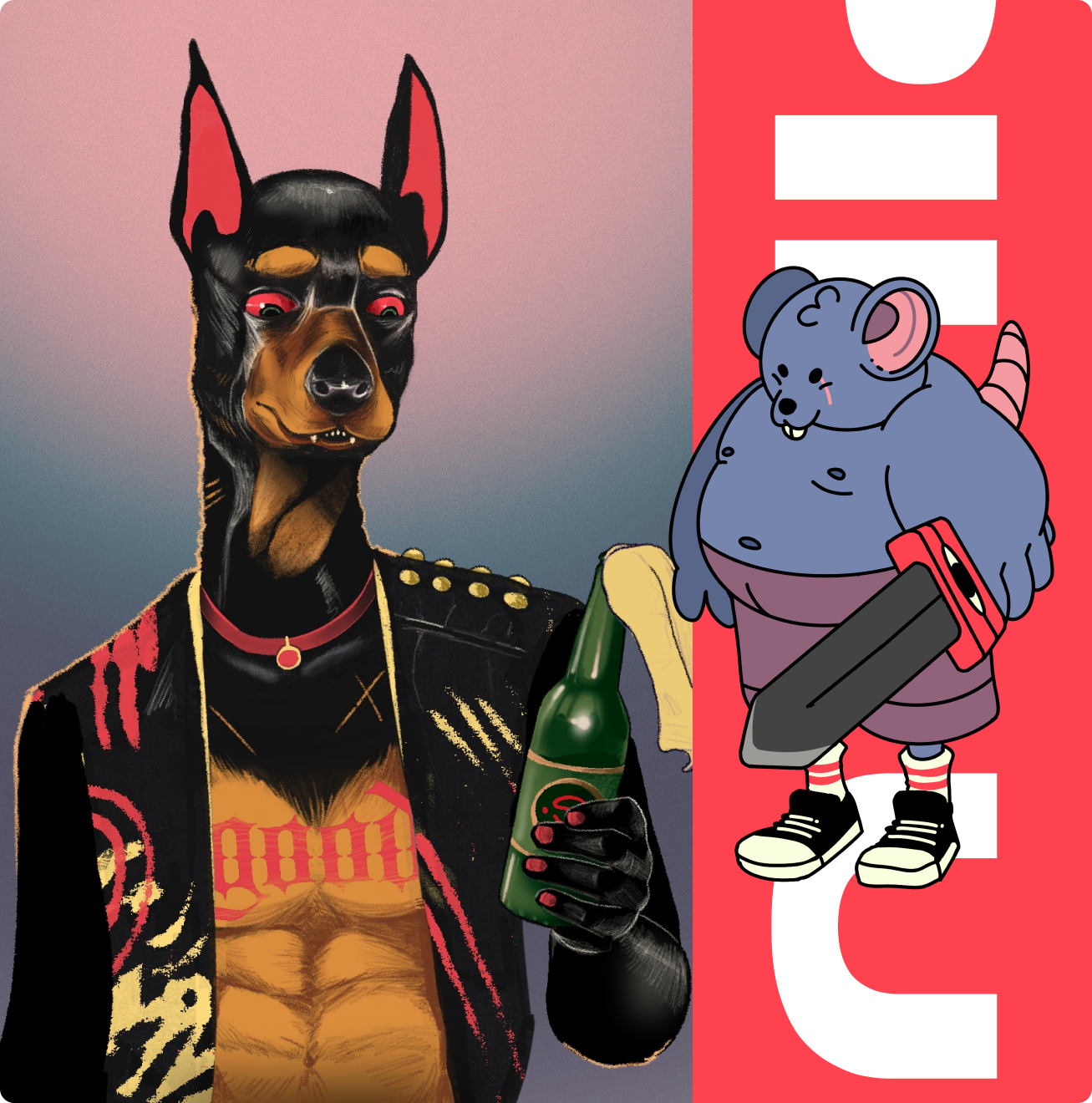 Illustration of a muscular Doberman dog standing on the left, wearing a studded jacket and red collar, holding a green bottle with red-tipped nails; on the right, a chubby blue cartoon mouse with a scar on its cheek, purple shorts, striped socks, sneakers, and holding a large sword, against a red vertical background with white block letters partially visible.