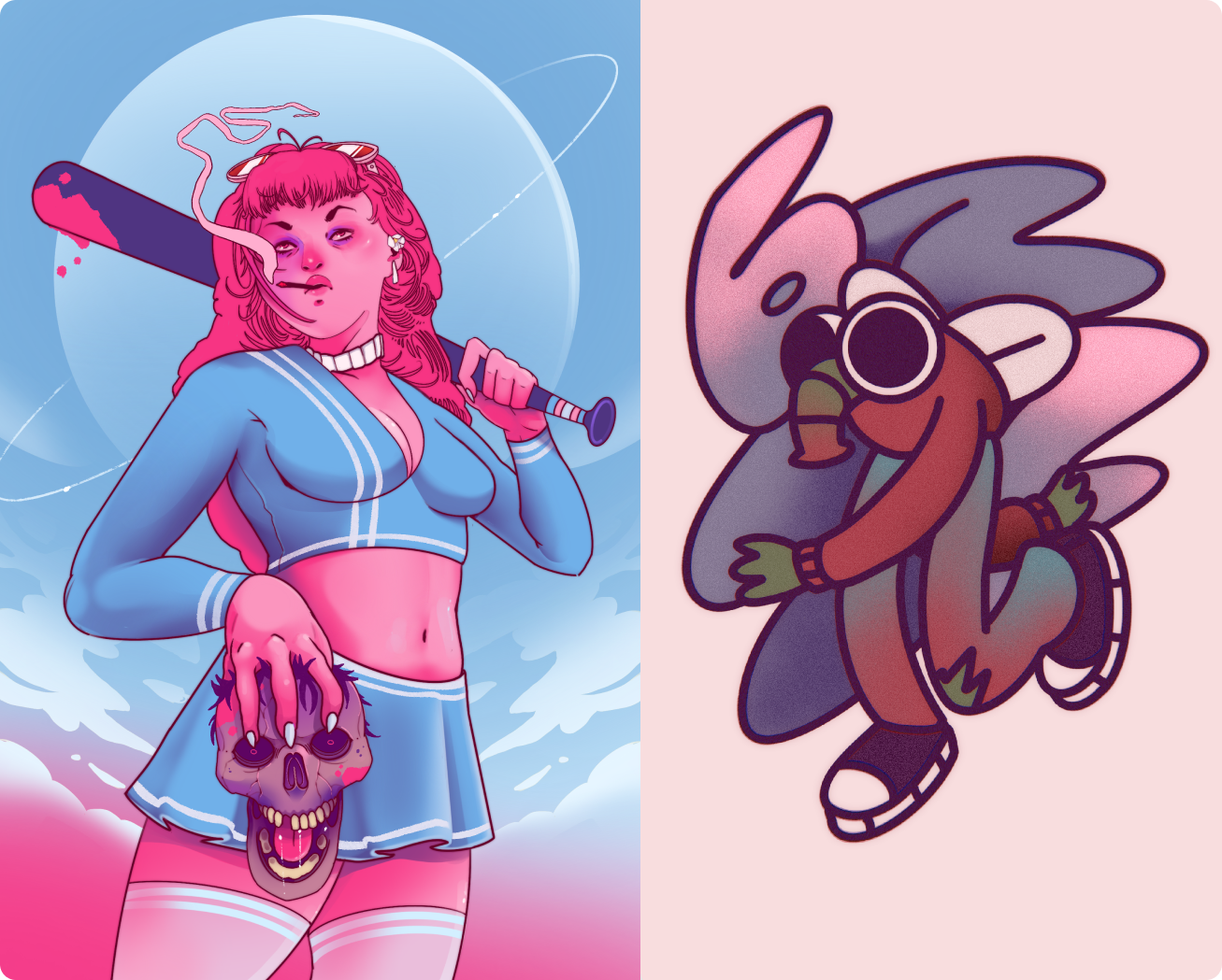 Split image with two distinct illustrations: On the left, a confident woman with pink skin and red hair smoking a cigarette, wearing a blue cheerleader outfit, holding a blood-splattered baseball bat over her shoulder and gripping a smiling, cartoonish skull. On the right, a whimsical cartoon character with large white ears, oversized round sunglasses, green gloves and shoes, running against a soft pink background.