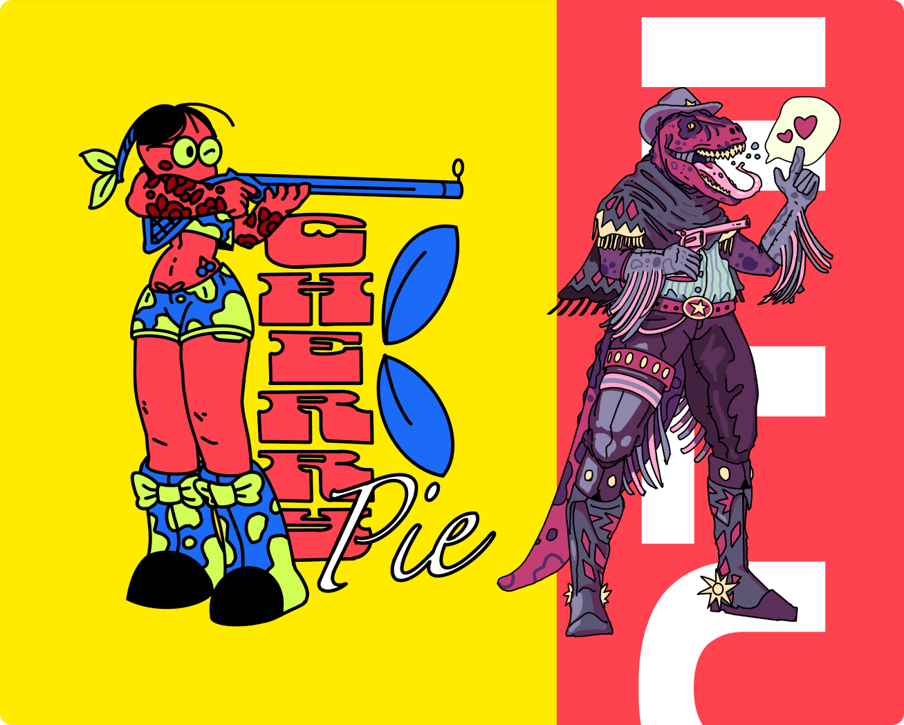 Colorful artwork split into two halves: left side shows a red-skinned cartoon woman with green goggles, a green headband, blue and green patterned shorts and boots aiming a blue rifle next to the words 'Cherry Pie' in red and black on a yellow background; right side shows a purple dinosaur dressed as a cowboy with a hat, fringed poncho, star belt buckle, holding a pink revolver and a speech bubble with two pink hearts on a red background with large white letters partially visible behind.
