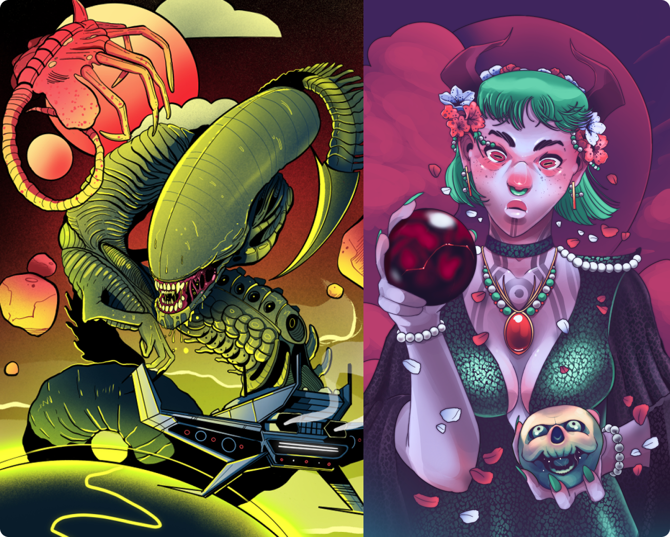 Split image with two sci-fi fantasy scenes: Left side shows a large green alien creature with an elongated head and sharp teeth in space near planets, with a space shuttle below it and a red alien crab-like creature above. Right side shows a purple-skinned woman with green hair and red eyes, wearing a dark green dress with pearls, holding a red orb in one hand and a skull in the other, surrounded by floating flower petals against a purplish background.