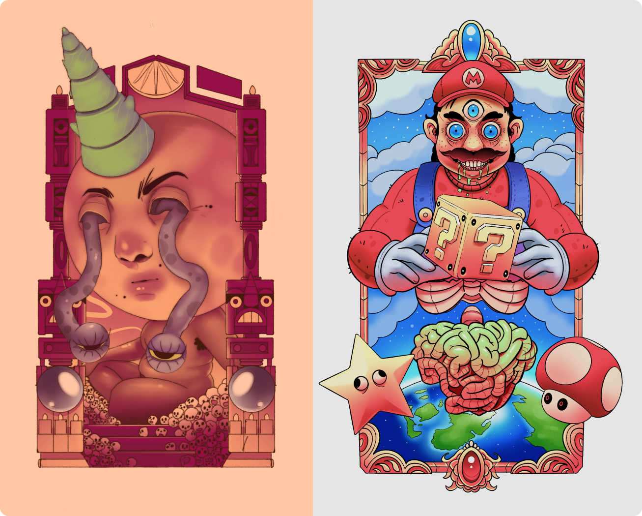 Split digital artwork: left side shows a sad horned humanoid figure with tentacle-like eyes, surrounded by skulls in a red geometric frame; right side depicts a three-eyed muscular Mario holding two question mark blocks, with a star, mushroom, and floating brain above Earth inside a decorative frame.