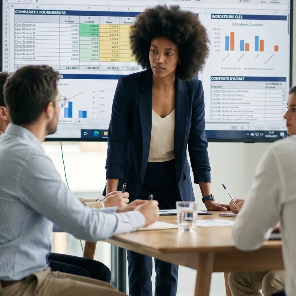 Conducteur de travaux coordonnant des sous-traitants sur chantier BTP avec tablette.