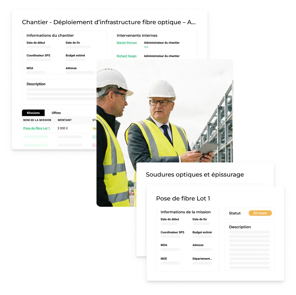 Gestion de chantier et missions (déploiement fibre) dans AddWorking, avec intervenants et statuts.