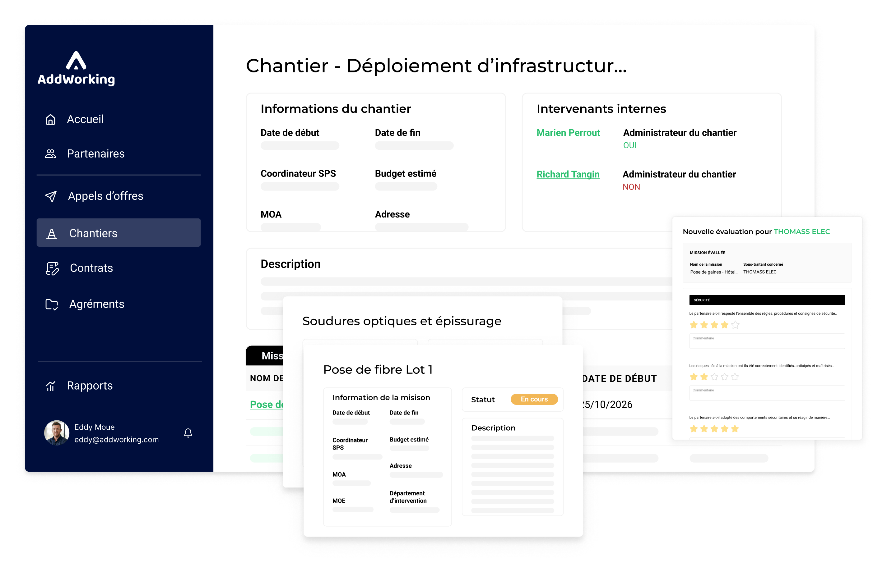 Vue d'ensemble AddWorking : tableau de bord chantier avec missions en cours, statuts et dates.