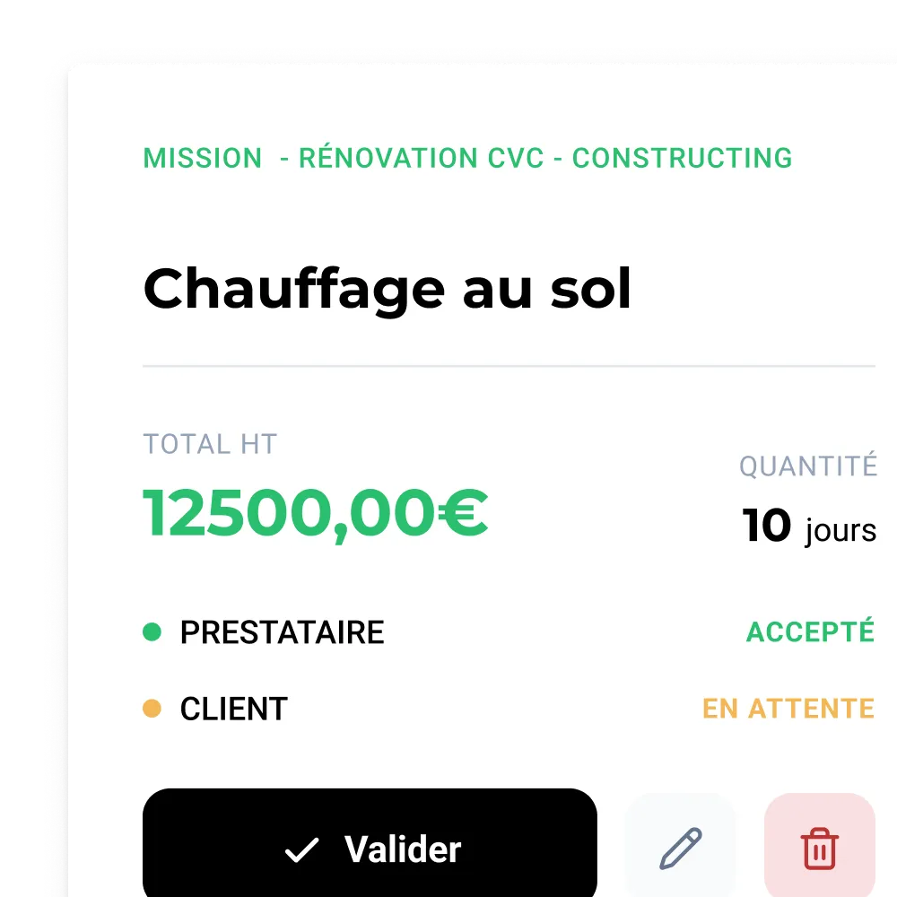 Validation de mission AddWorking : montant 12 500 € accepté côté prestataire, en attente client.