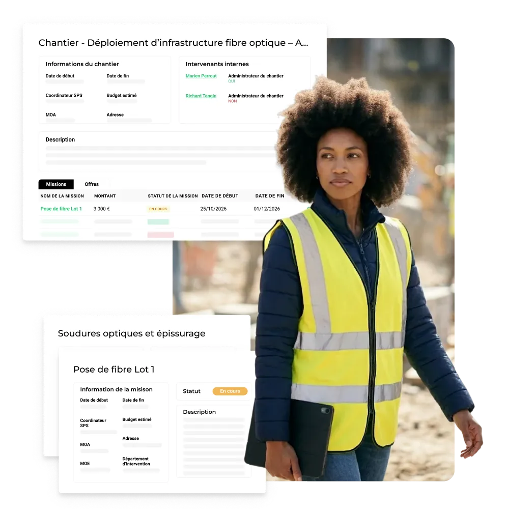Conductrice de travaux avec interface AddWorking : gestion des missions et partenaires de chantier.