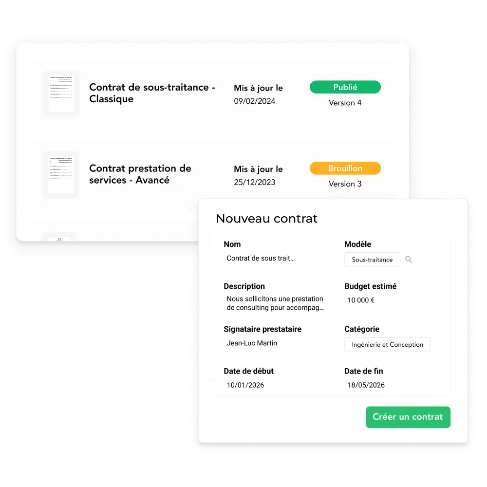 Modèles de contrat AddWorking : contrat de sous-traitance classique publié et création d'un nouveau contrat.