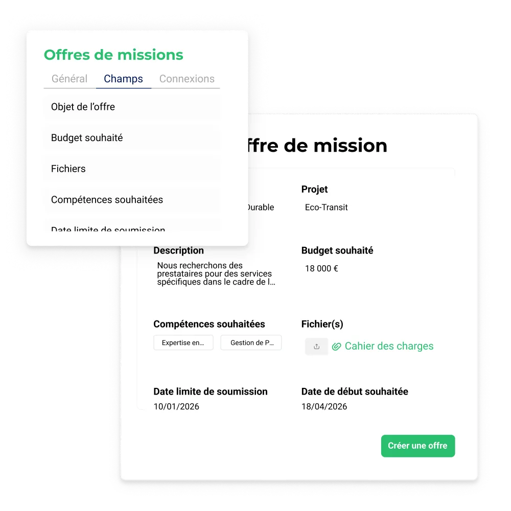 Création d'une offre de mission AddWorking : champs objet, budget, compétences, dates et fichiers.