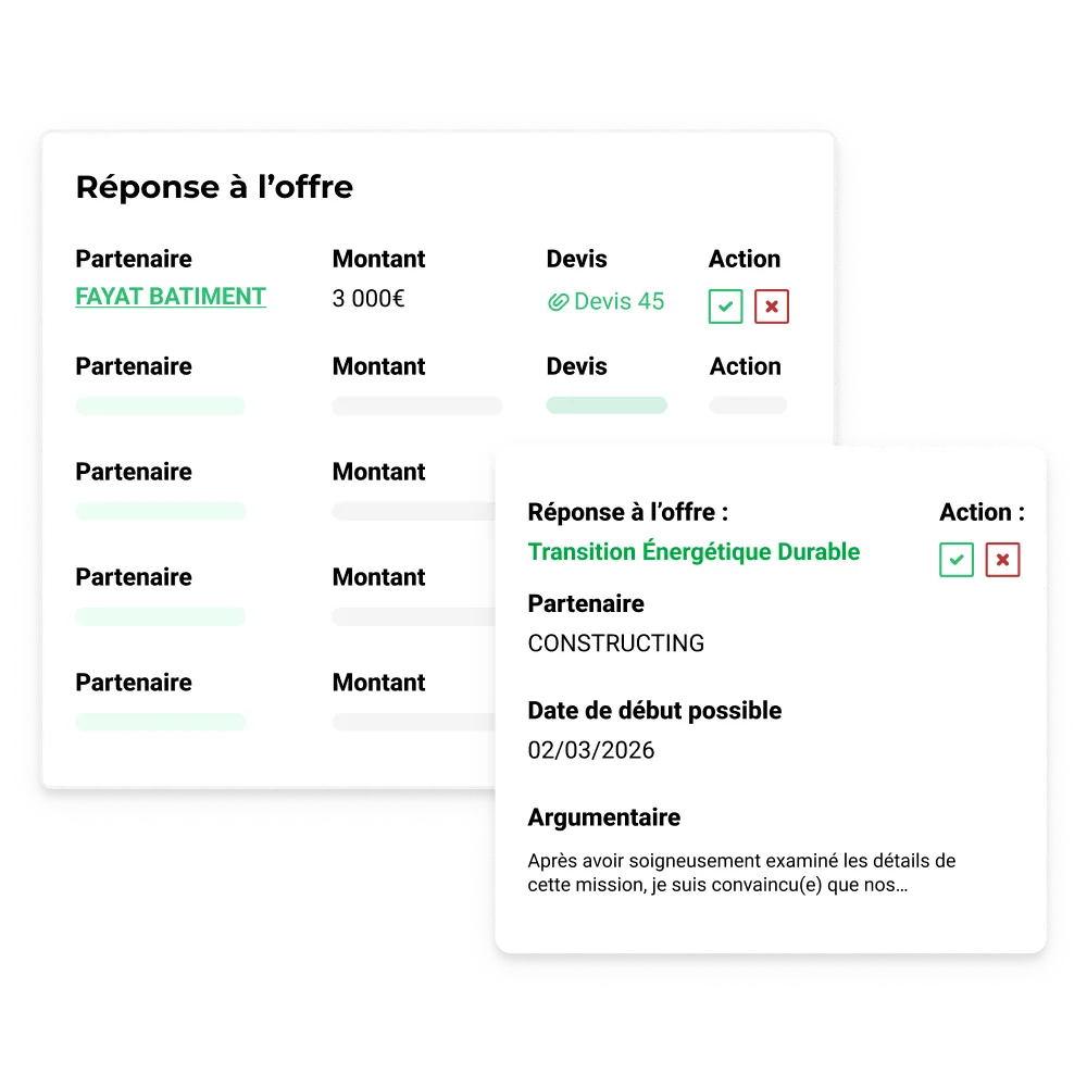 Réponses à une offre de mission AddWorking : partenaires, devis joints et actions d'attribution.
