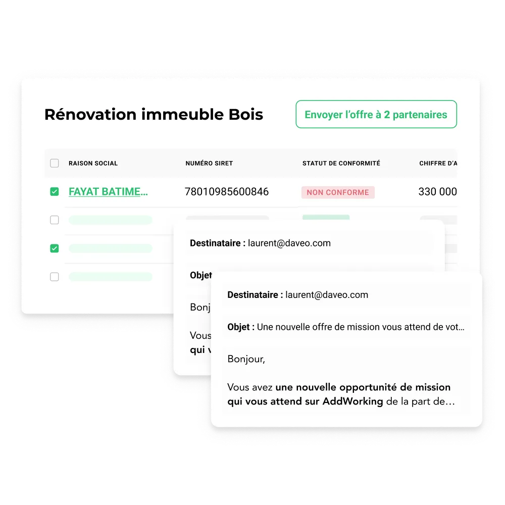 Diffusion d'appel d'offres AddWorking : sélection de partenaires avec statut de conformité et envoi par email.