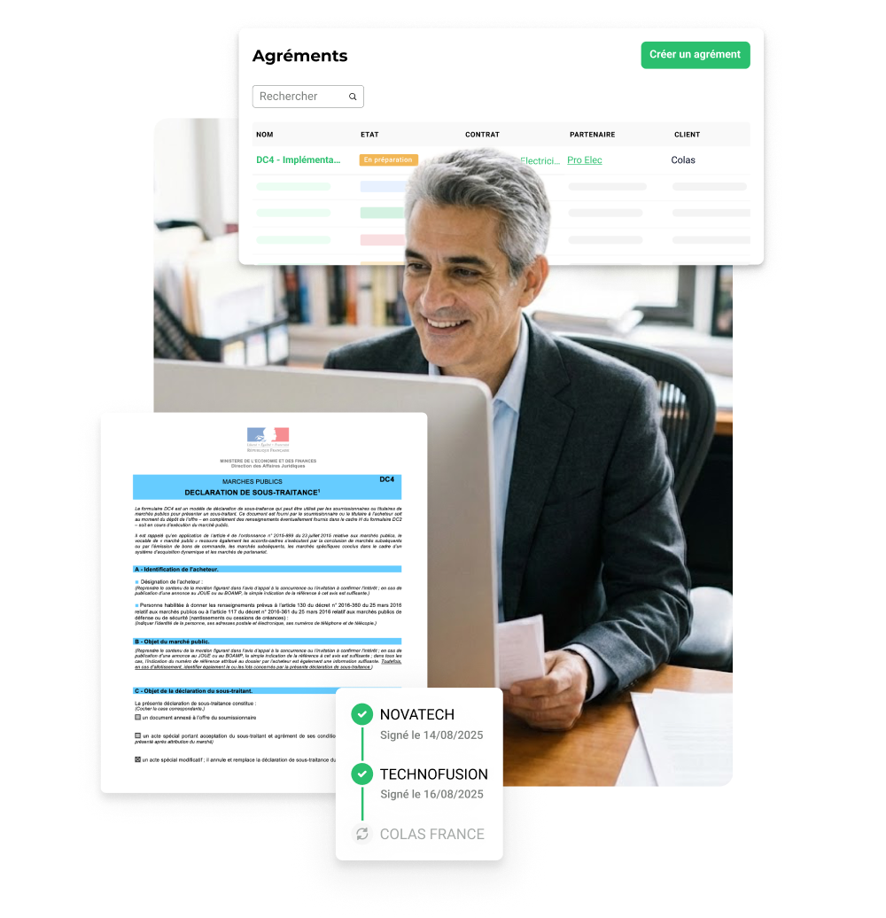 Suivi des agréments AddWorking : liste avec états, contrats et partenaires pour marchés publics et privés.