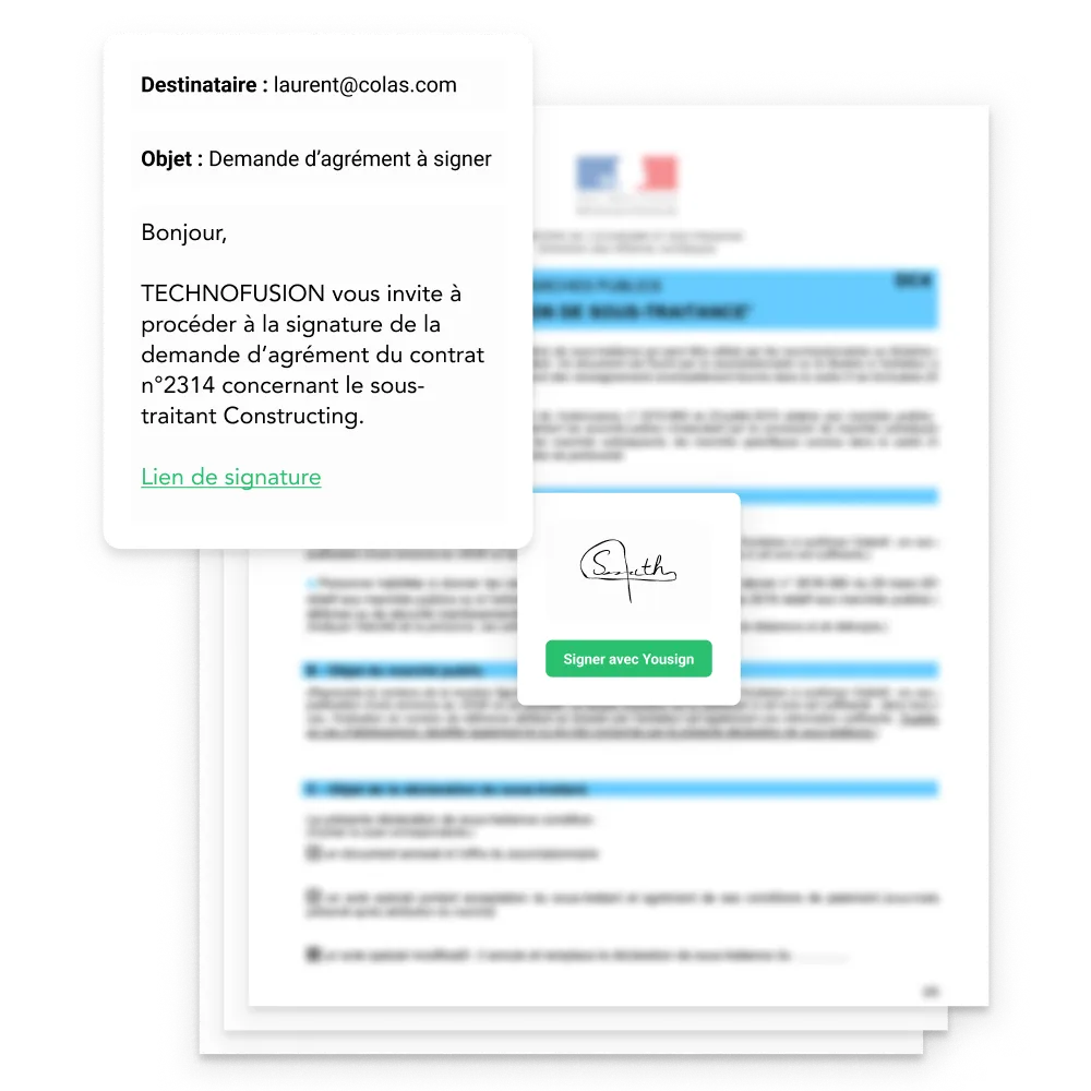Validation d'agrément DC4 AddWorking : formulaire de sous-traitance rempli et signature électronique Yousign.