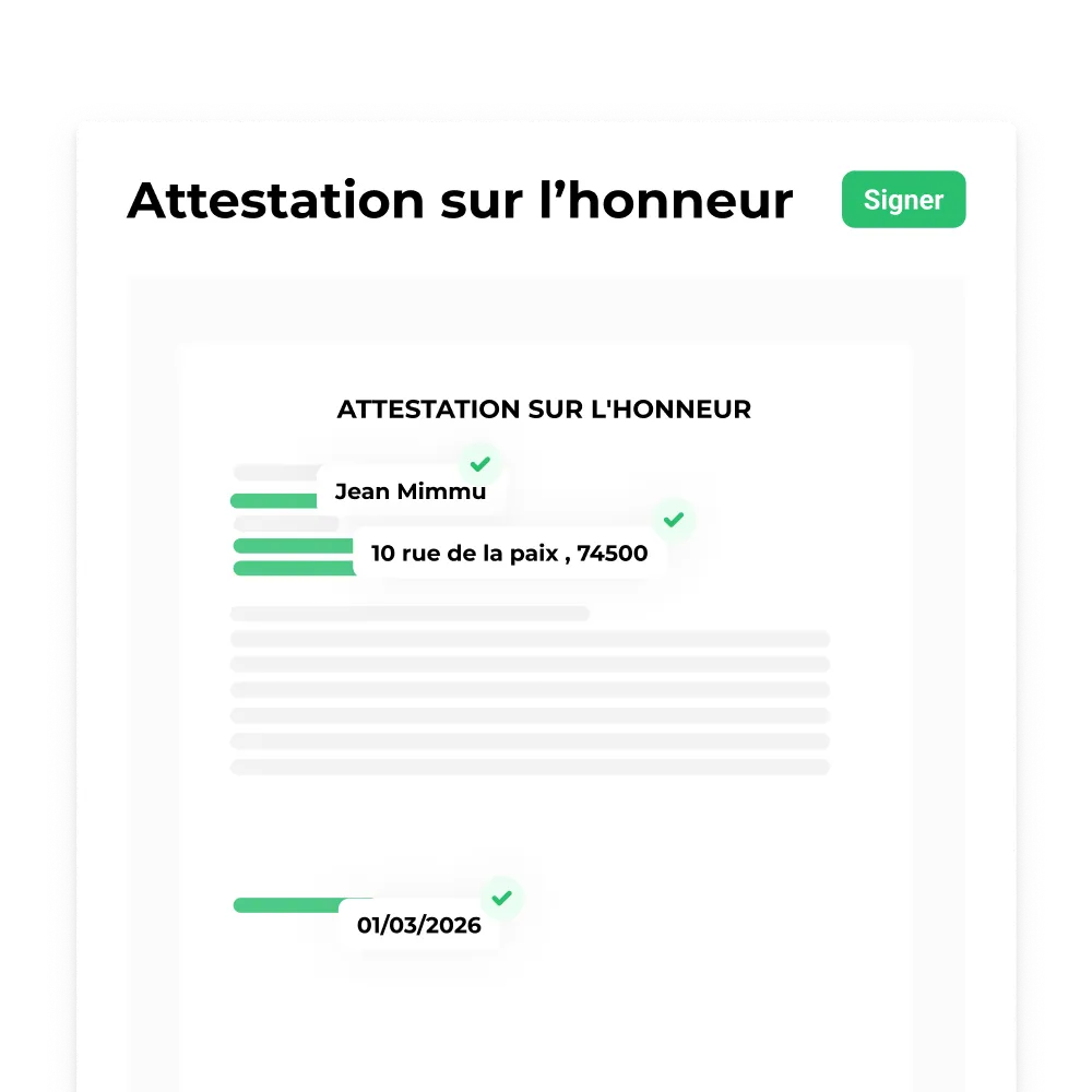 Attestation sur l'honneur AddWorking : formulaire pré-rempli avec nom, adresse et bouton signer.