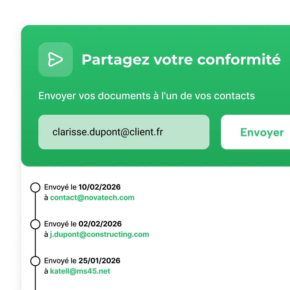 Partage de conformité AddWorking : envoi des documents légaux par email avec historique des contacts.