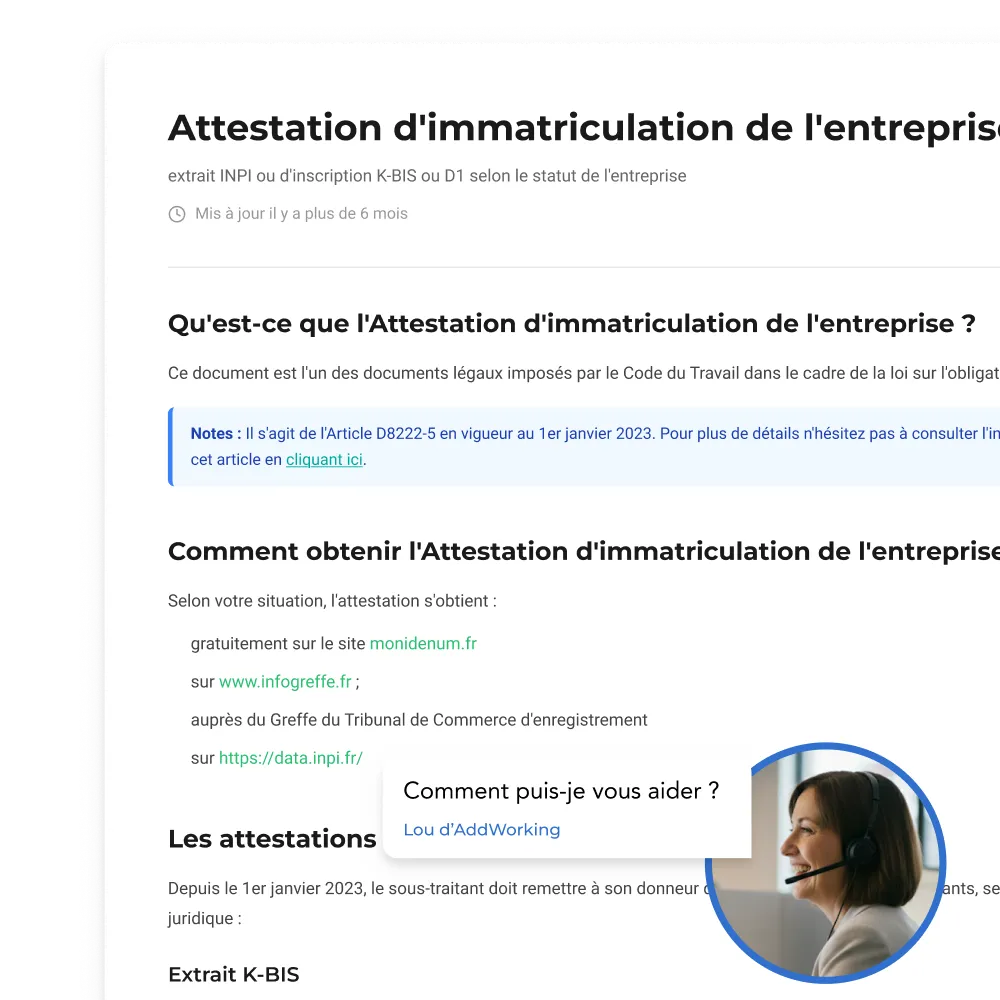 Accompagnement conformité AddWorking : fiche KBIS avec guide et chatbot Lou pour aider le partenaire.