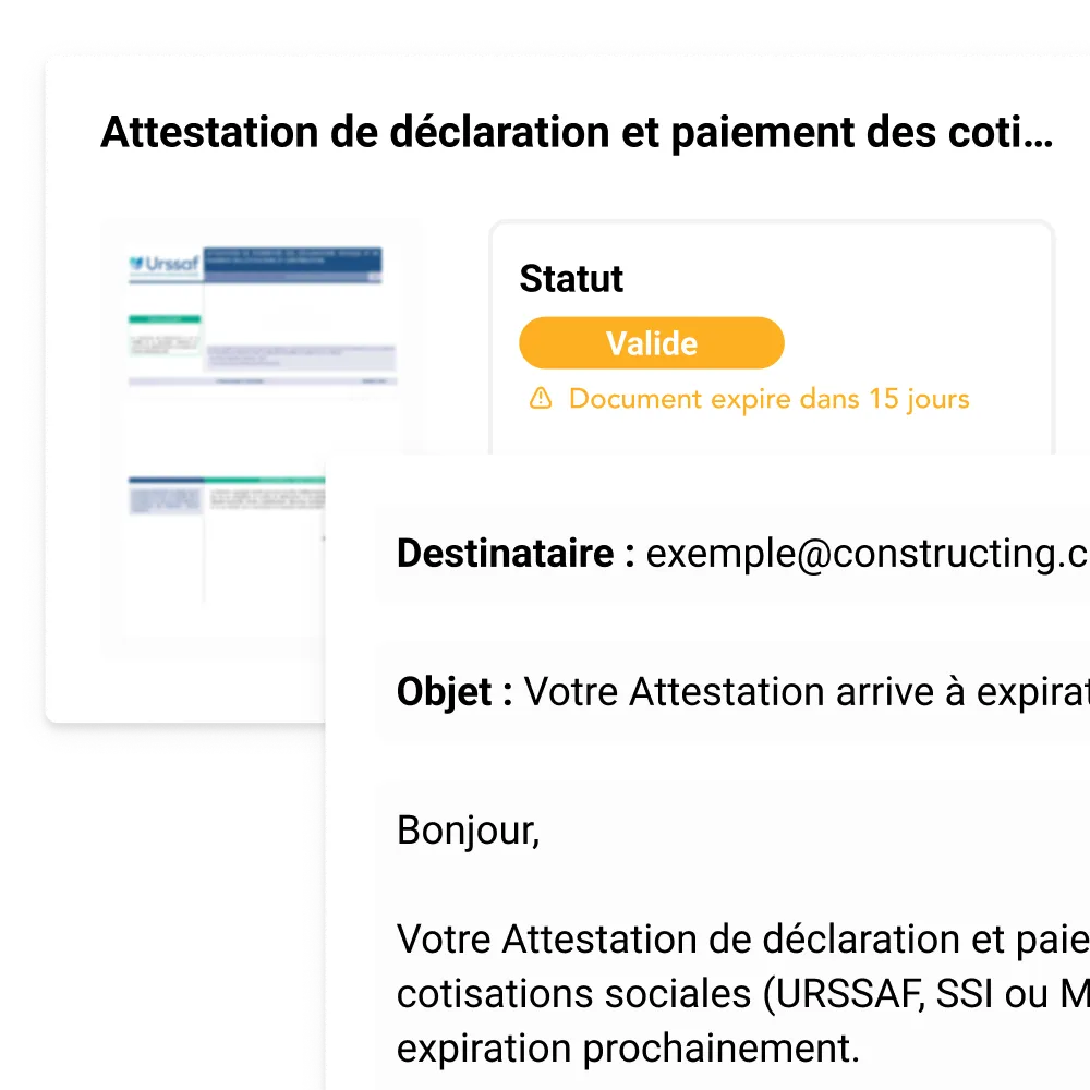 Alerte expiration AddWorking : attestation URSSAF valide avec notification d'expiration dans 15 jours.